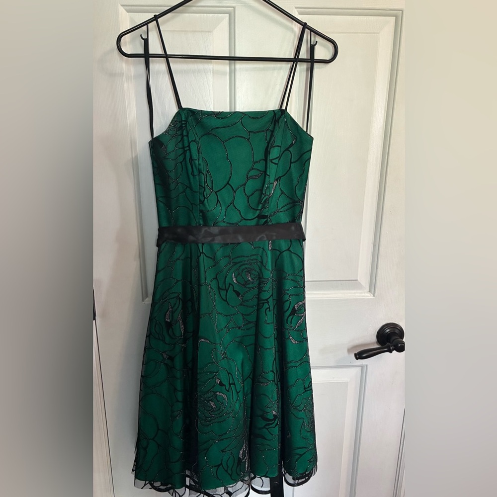 Formal Emerald Green Vintage Floral-Embroidered Midi Dress with Black Waistband